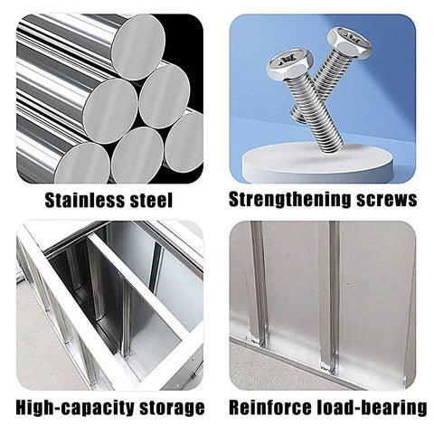Heavy Duty Stainless Steel Prep Table With Cabinet And Splash Guard Slick Commercial Kitchen Workbench Built Like A Tank For Restaurants Or Garages showing stainless steel rods and strengthening screws.