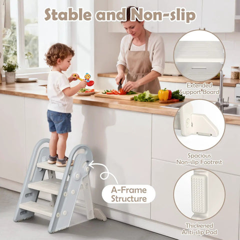 Hella Steady Adjustable Toddler Step Stool With Handles Converts From 3 To 2 Setup As Kiddos Grow Non Slip Safety Footrest For Bathroom Sink And Kitchen Counter Grey in kitchen with child using.