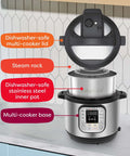 7 In 1 Electric Pressure Cooker With App For Recipe Library, Stainless Steel 6 Quart with lid, steam rack, inner pot, on counter