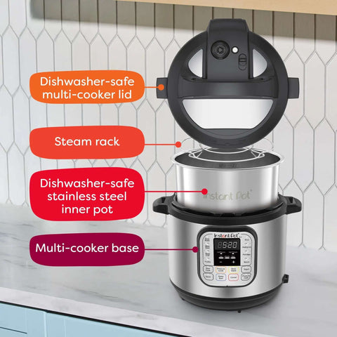 7 In 1 Electric Pressure Cooker With App For Recipe Library, Stainless Steel 6 Quart with lid, steam rack, inner pot, on counter