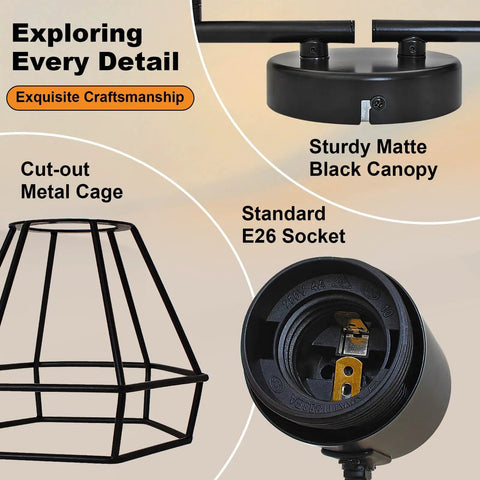Details of 6 Light Track Lighting Fixture With Adjustable Heads In Black Wire Cage Dope Industrial Farmhouse Style Ceiling Mount showcasing metal cage and canopy.