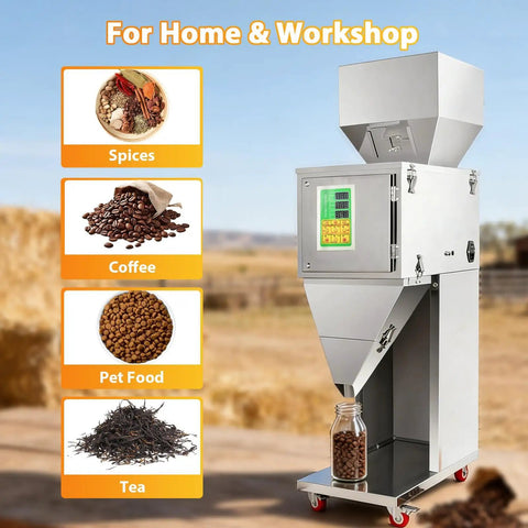 Automatic Powder And Particle Filling Machine With Digital Weigh Dispenser For Beans Seeds Tea Slick Commercial Bag Packing Sealer Running Smooth Foot Pedal Control And Straight Up Reliable 18 Bags Per Minute Speed