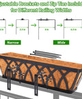 Three Pack 24 Inch Deck Railing Planter With Coconut Coir Liner for Outdoor Garden Balcony Fence, adjustable brackets shown.