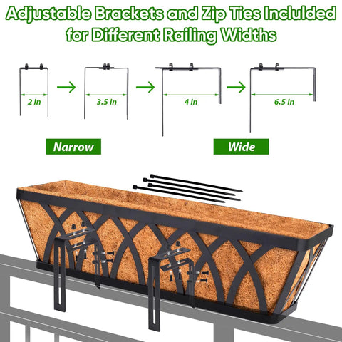 Three Pack 24 Inch Deck Railing Planter With Coconut Coir Liner for Outdoor Garden Balcony Fence, adjustable brackets shown.