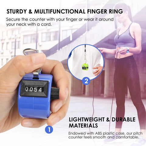 Hustle Ready 6 Pack Mechanical Tally Counters With 4 Digit Dials And Bright Assorted Colors For Snappy Team Tracking At Sports Pitches Warehouse Floors Or Block Parties, held in hand, blue color, ABS plastic material.