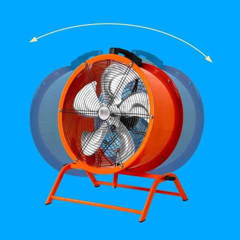 Built Like A Tank 20 Inch Heavy Duty Industrial Floor Fan With Oscillating Head pumping raw high velocity airflow, showing orange steel housing.