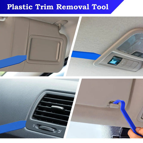 7 Piece Car Trim Removal Tool Kit with plastic pry tools detaching interior car panels, door panels, and dashboard parts.