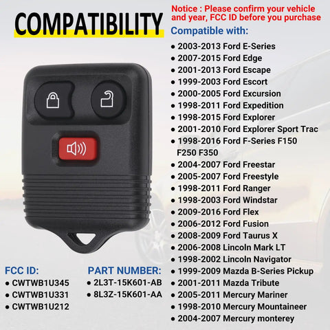 Keyless Entry Remote Key Fob For Ford F Series F150 F250 F350 Escape Expedition Explorer Ranger And More, 3 Button Replacement Pack Of 2, Easy Self Programming, Compatible With CWTWB1U331 CWTWB1U345 against compatibility list background