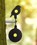 Bird silhouette target on tree, part of Metal Spinning Targets With Auto Reset For BB Guns And Air Rifles, rust-resistant