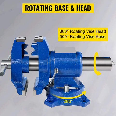 Beefy 6 Inch Bench Vise With 360 Degree Swivel Head And 30Kn Clamping, heavy duty for home garage, industrial ductile iron construction