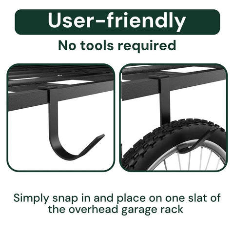 Close-up of Beefy Heavy Duty Overhead Garage Ceiling Storage Hooks Four Pack Add On Rail Hook Accessory holding bike wheel.