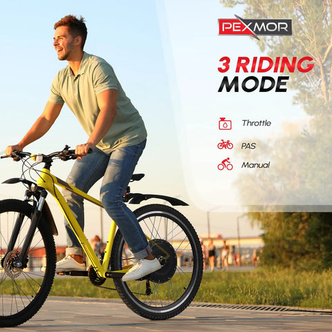 Man riding 26 Inch Rear Wheel Electric Bike Conversion Kit With 48V 1000W Hub Motor 3 Mode Controller With PAS And Twist Throttle
