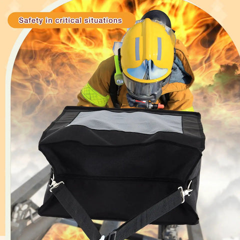 Firefighter demonstrating Pet Fire Escape Kit For Dogs Up To 55 Lbs With 50 Ft Descent Rope Emergency Evacuation Bag in use