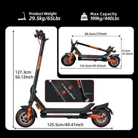 Dual Motor 1600W Electric Scooter For Adults showing dimensions and weight capacity