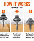 Heavy Duty Polycarbonate Self Drilling Wood Screws Two Inch Outdoor Fasteners With Sealing Dome Washers showing installation steps for secure fastening.
