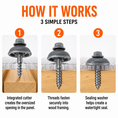 Heavy Duty Polycarbonate Self Drilling Wood Screws Two Inch Outdoor Fasteners With Sealing Dome Washers showing installation steps for secure fastening.