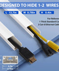 157 Inch White Wall Cord Cover Kit For TV Cables, showing dimensions, hiding HDMI and Ethernet cables for neat setup.