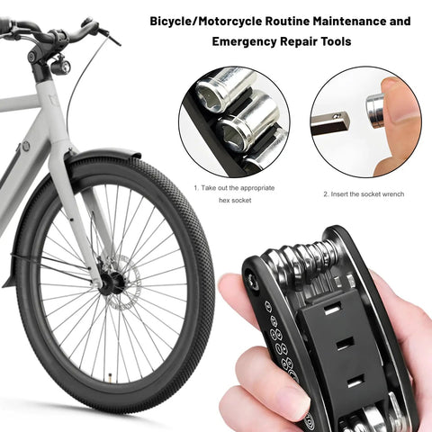 Foldable 16-In-1 Bike And Motorcycle Repair Tool Kit With Hex Wrenches And Screwdrivers Portable Multitool shown in use