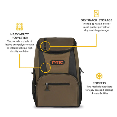 Lightweight 15 Can Backpack Cooler Insulated Bag Olive Green For Men And Women, front view with pockets and heavy-duty polyester.