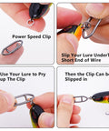 Demonstrating use of 50 Pack Fishing Power Speed Clips High Strength Stainless Steel Quick Change Connectors For Lures in action.
