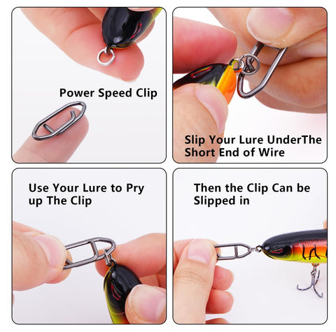 Demonstrating use of 50 Pack Fishing Power Speed Clips High Strength Stainless Steel Quick Change Connectors For Lures in action.