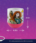 Illustrated tabletop lamp with princesses, 5.5 inches tall, 4.18 inches wide, USB powered, LED lighting for mood lighting.