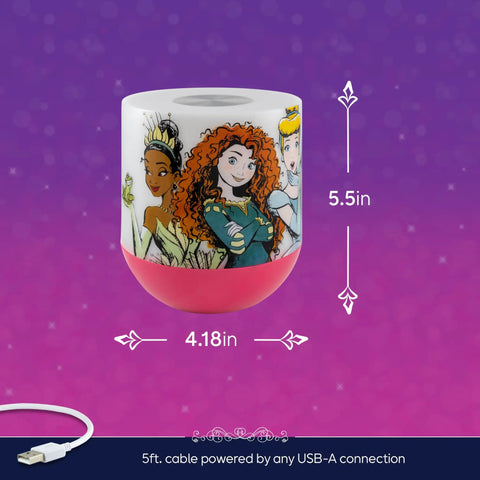 Illustrated tabletop lamp with princesses, 5.5 inches tall, 4.18 inches wide, USB powered, LED lighting for mood lighting.