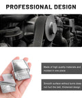 Hand holding Two Piece Stretch Belt Mate Kit With Metal Remover Installer Tool for stretch belts and auxiliary pulleys