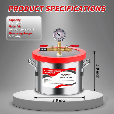 Front view of 1.5-gallon stainless steel vacuum chamber with red acrylic lid, gauge, and hose