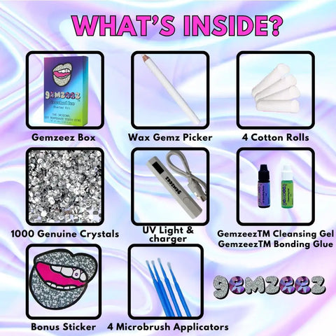 DIY Tooth Gem Starter Kit For A Sparkling Smile With Temporary Crystal Gems For Easy At Home Application Non Invasive Cosmetic Tooth Jewelry contents display including tools and materials.