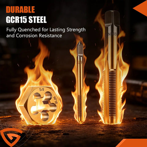 86 Piece Master Tap And Die Kit With Titanium Coating For SAE Sizes Four To Five Eighths And Metric M3 To M Sixteen All In One Threading Set For Coarse And Fine Threads Fits Holders Gauges And Metal Case, showing tools with flame effect.