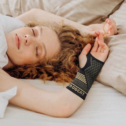 Copper Wrist Compression Sleeves For Carpal Tunnel And Arthritis, Breathable and comfy support on sleeping woman, Unisex Size M