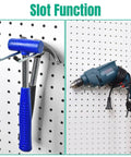 10 Pack Pegboard Hooks Set, Heavy Duty Metal Hooks for Pegboard, holding a drill and hammer on a pegged wall