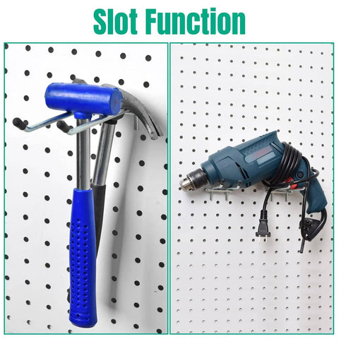 10 Pack Pegboard Hooks Set, Heavy Duty Metal Hooks for Pegboard, holding a drill and hammer on a pegged wall