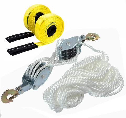 Heavy Duty Rope Hoist Kit With 4000 Lb Breaking Strength, 65 Ft Poly Rope, 2 Sling Straps, 2 Ton Wheel Block And Tackle System