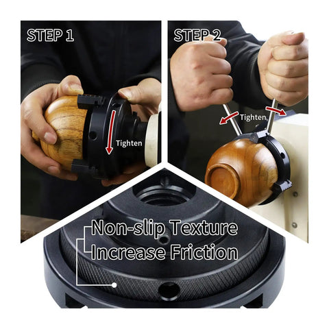 Demonstration of using 4 Inch Wood Lathe Chuck Set With Pro Grade Self Centering 4 Jaw Chuck to tighten a wooden piece