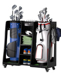 Two Bag Golf Bag Organizer With Silent Locking Wheels, wooden rack holding two golf bags, shoes, and accessories.