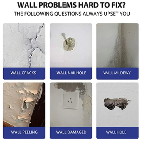 Image showing various wall problems: cracks, nailhole, mildew, peeling, damaged, and hole suitable for All Purpose Drywall Repair Cream Kit 250g Spackle Paste For Quick Patch Up Jobs Safe Long Lasting Wall Repair For Cracks Holes And Graffiti Easy Sanding And Smooth Finish.