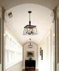 Farmhouse Vintage Chandelier Pendant Light For Dining Room And Kitchen Island, hallway view, oak white finish with black ORB accents