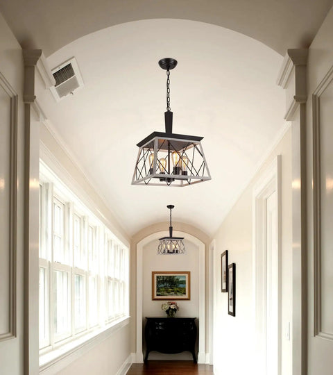 Farmhouse Vintage Chandelier Pendant Light For Dining Room And Kitchen Island, hallway view, oak white finish with black ORB accents