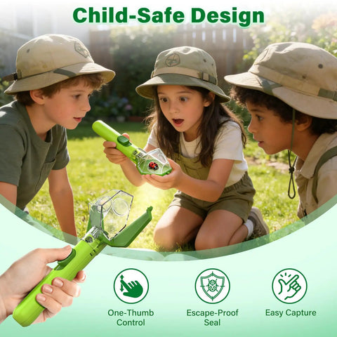 Children using Bug Hunter Kit With 6X Magnifier Glass For Indoor Outdoor STEM Exploration Kids Friendly Bug Catcher Tool, green.