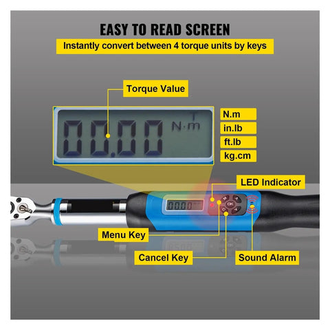 Professional Digital Torque Wrench With 3/8-Inch Bidirectional Ratchet Head For Precision Bicycle Repair And Mechanical Work Adjustable Range Up To 85 Nm Includes Seven Sockets For Accurate Tightening And Loosening Tasks With Easy To Read Display And