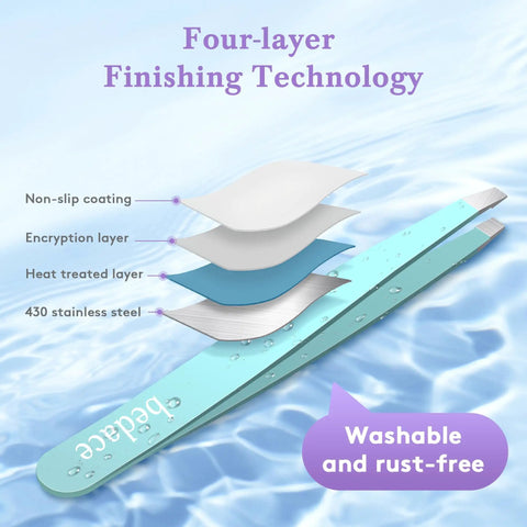Diagram of four-layer technology in Thickened 430 Stainless Steel Slant Point Tweezers With Flat Hook for Eyebrows.
