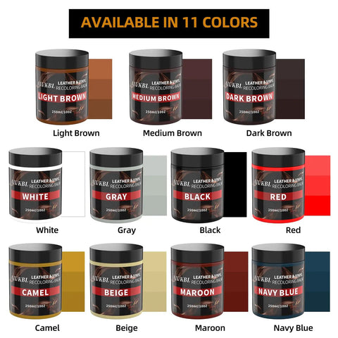 Heavy Duty Leather Recoloring Balm And Scratch Repair Kit For Couches With Straight Up Color Restorer And Furniture Dye Paste In Medium Brown, various colors display.