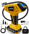 Cordless Tire Inflator Portable Air Compressor With 160 PSI 4X Faster Inflation Rechargeable 20V Battery And 12V DC Dual Power Digital Gauge, yellow device with accessories visible