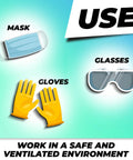 Safety illustration showing a mask, gloves, and glasses with a message to work in a safe and ventilated environment.