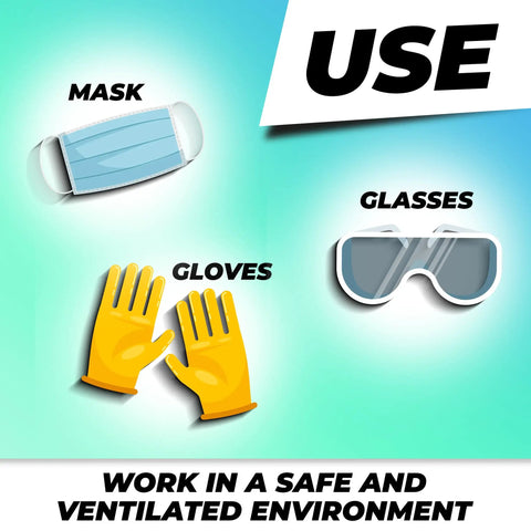 Safety illustration showing a mask, gloves, and glasses with a message to work in a safe and ventilated environment.