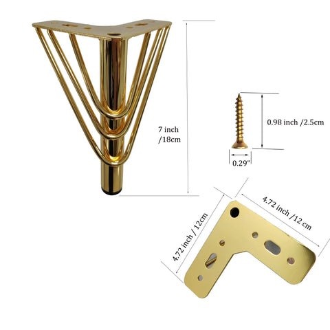 7 Inch Heavy Duty Metal Triangle Furniture Legs Set Of 4 In Luxury Gold Finish with screw and measurements