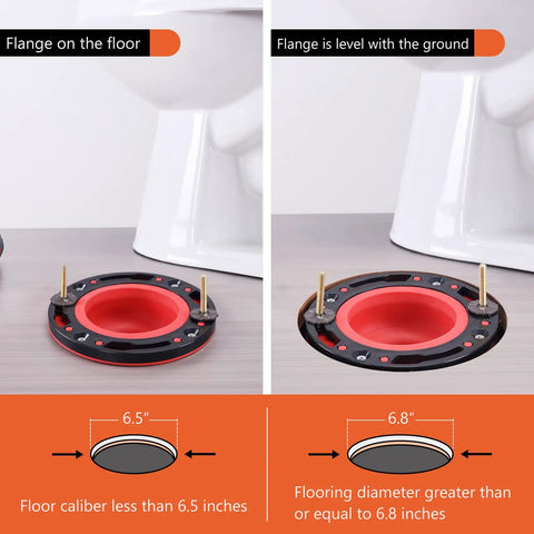 Universal Toilet Flange Repair Kit For 4 Inch And 5 Inch Drain Lines Including Special 3 Inch Connections shown on floor with sizing guide