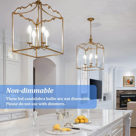 Crisp Daylight LED Candelabra Bulbs 40W Equivalent, 5000K Daylight White in chandelier over kitchen island, non-dimmable note